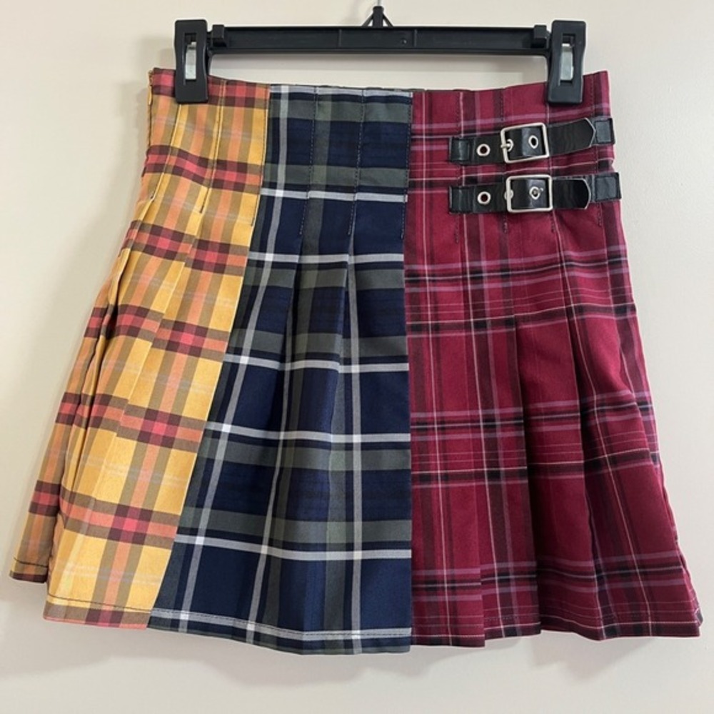 No Boundaries‎ Y2K Patchwork Plaid Pleated Mini Skirt S Buckle Schoolgirl Kawaii